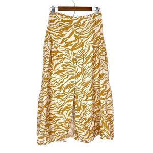 Midnight Sky Midi Skirt Tiered Zebra Print Pull On Yellow Cream linen Rayon Maxi